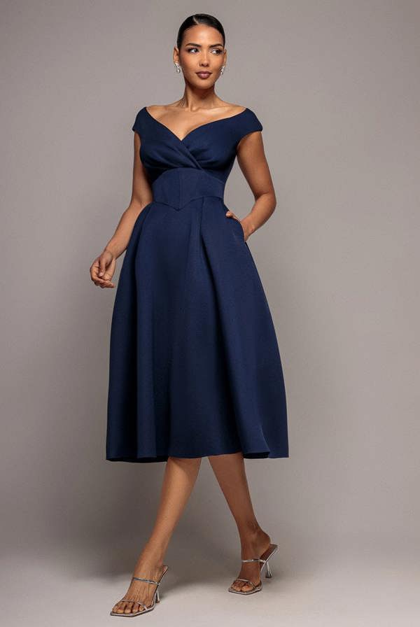 Corset Fit & Flare Midi Dress - Navy DR4538
