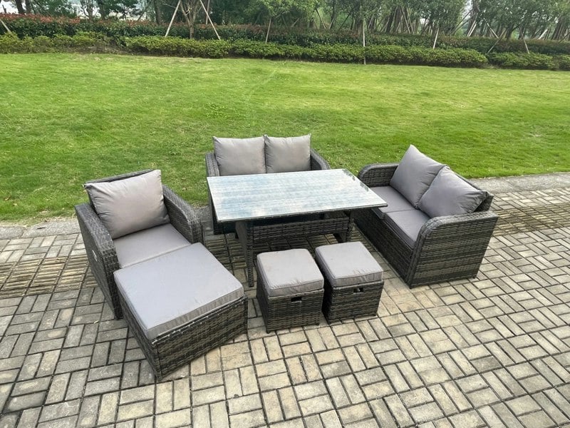 Fimous 8 Seater Lounge Rattan Sofa Set Outdoor Garden Furniture Oblong Rectangular Dining Table With Chairs 3 Footstools Dark Grey Mixed