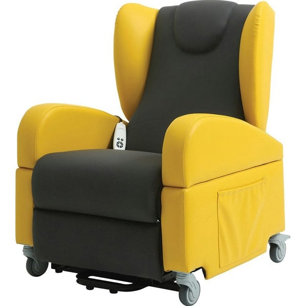 Dual Motor Rise and Recline Lounge Chair - Wipe Clean PU Fabric Black and Yellow Loops