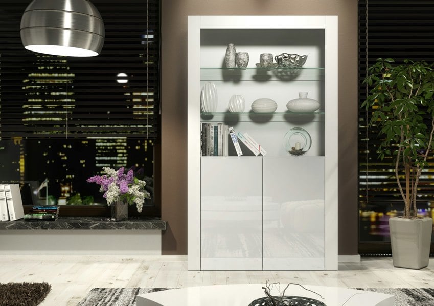 Mex Furniture Tall Display Cabinet 170cm White Matt Body and White Gloss Doors – Modern Open Shelving Unit