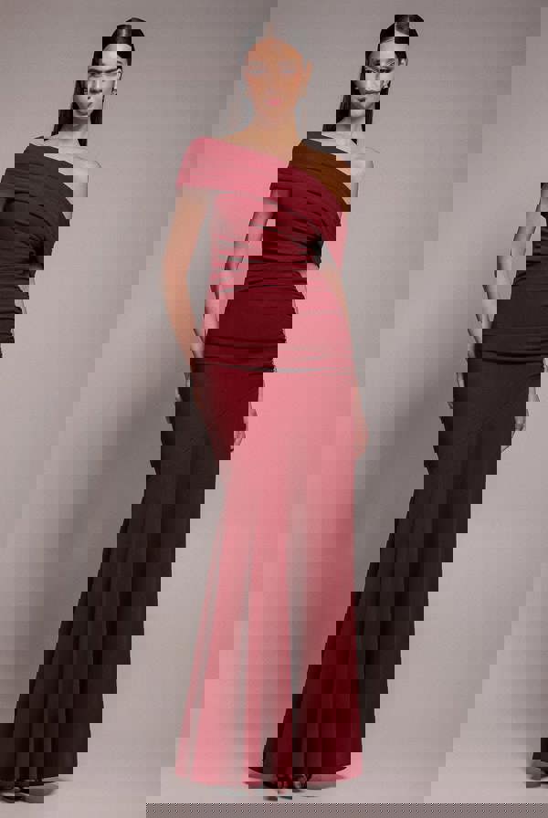 Pleated One Shoulder Bardot Fit And Flare Maxi Dress - Burgundy DR4909