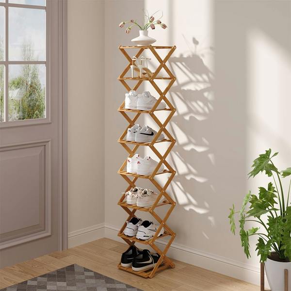 Living and Home 9 Tier Bamboo Folding Shoe Rack Shoe Storage Organiser - Natural