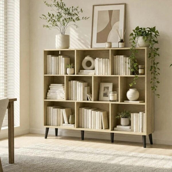 10-Cube Bookcase, 3-Tier Book Shelf with Solid Wood Legs, 140 cm Modern Bookshelf with Anti-Tip Kit, Oak