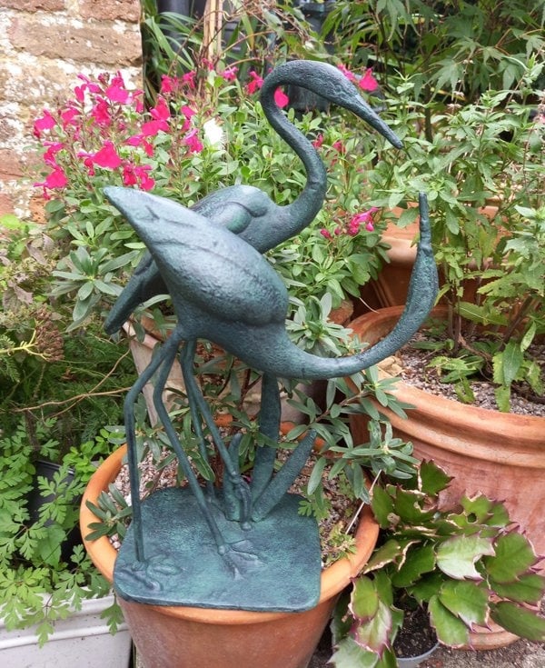 Inspirational Gifting Love Cranes Garden Sculpture Cast in Iron with Bronzed Finish