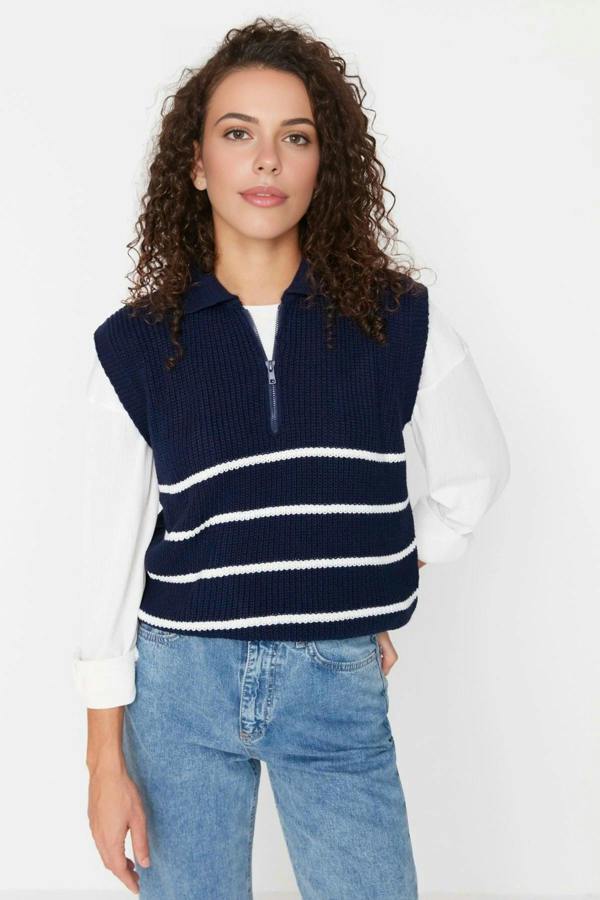 WOVCOR Zippered Striped Polo Neck Knit Sweater