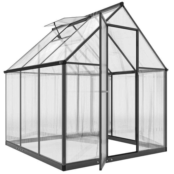 6 x 5.5ft Polycarbonate Greenhouse, Quick Setup Walk in Green House, Push Door, Adjustable Roof Vent, Rain Gutter, Black