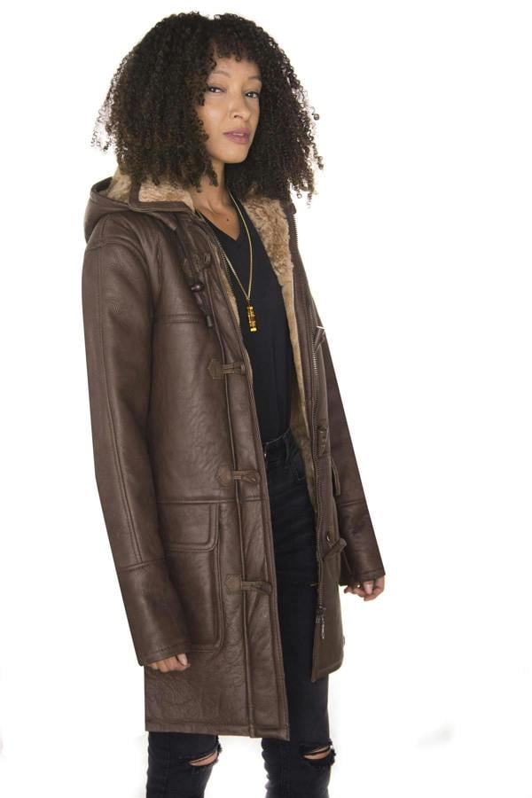 Infinity Leather Womens Brown Hooded Sheepskin Leather Duffle Coat-Charlotte