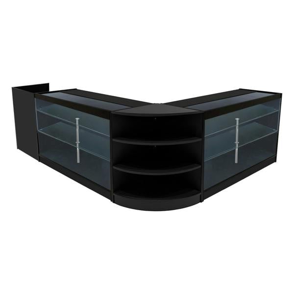 Black Astro LED Shop Counter Set featuring sleek glass shelves, modern design, and curved edges for an elegant retail display