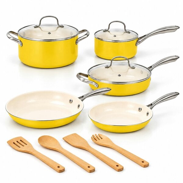 Gr8 Home 12 Pcs Ceramic Non Stick Induction Cookware Set Yellow Pots & Pans Lids Utensils