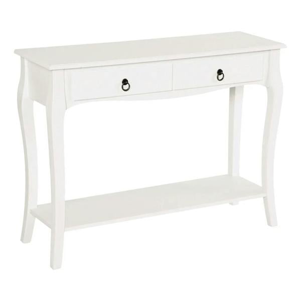 Ivory white console table with two drawers and open lower shelf, curved legs