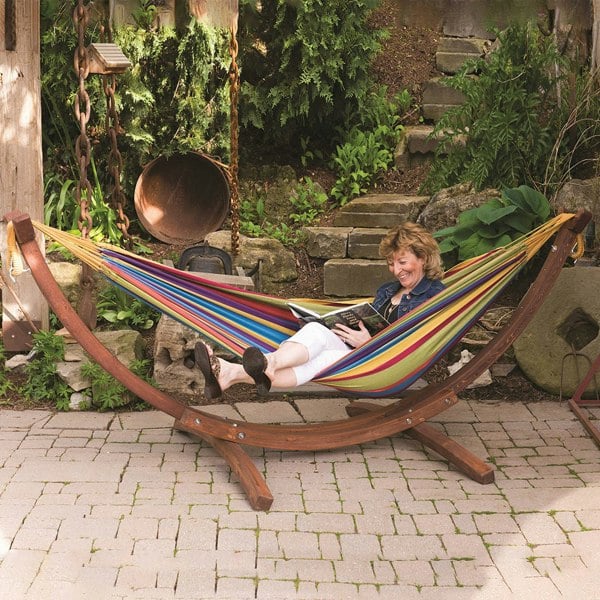 Vivere Double Cotton Hammock with Solid Pine Stand (260cm) - Tropical