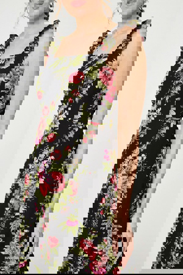 Black | Floral Frill Sleeveless A-Line Midi Dress
