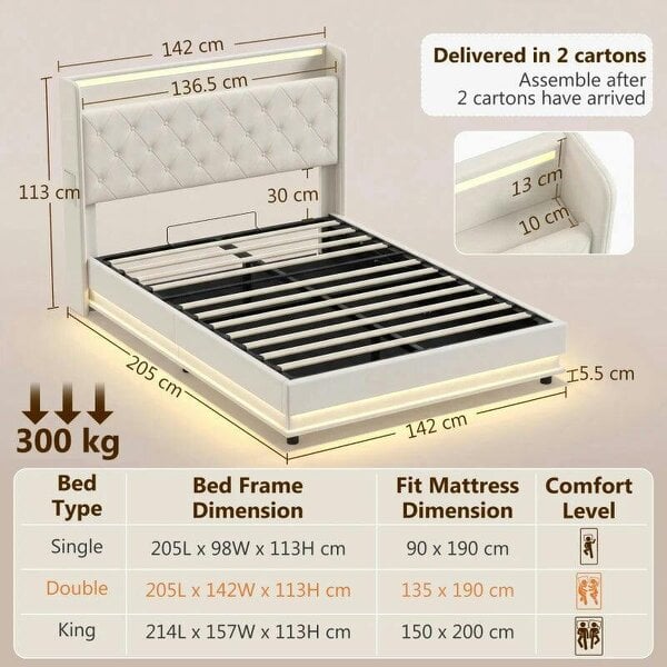 4ft6 Double Bed Frame with Headboard, Platform Bed Frame with Hydraulic Storage, LED Lights and Charging Station, Cream