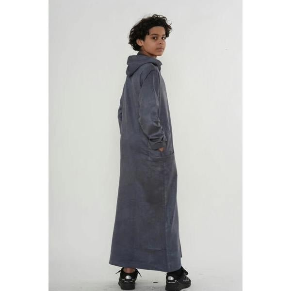 HM12 - Boy's Hooded Suede Emirati Omani Zipped Thobe - Grey - Thobez - 20
