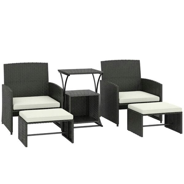 6 Piece Rattan Garden Furniture, Space-Saving Patio Furniture Set with Nesting Tables, Chairs, Stools, Cushions, Black