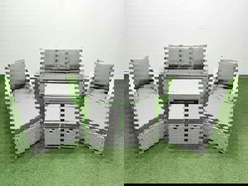 Fimous PE Wicker Rattan Furniture Sofa Sets with Oblong Coffee Table 3 Seater Sofa 4 Stools Light Grey Mixed