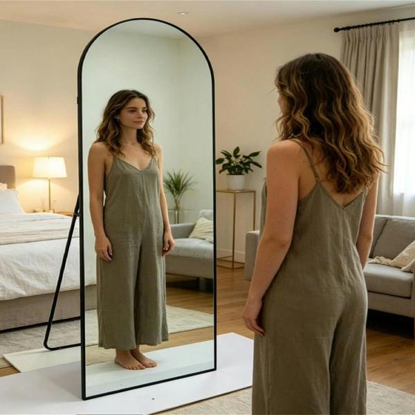 Gr8 Home 165x60cm Arched Full Length Mirror Black Aluminium Frame Floor Standing