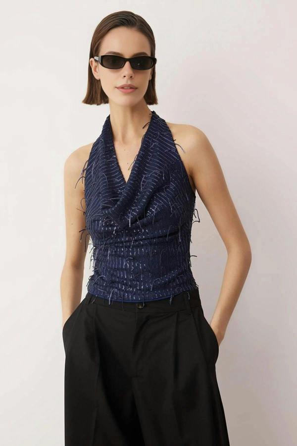 WOVCOR V-Neck Fringed Sequin Party Blouse