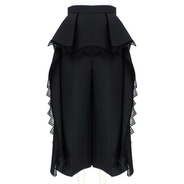 Alexander McQueen black cotton silk wide leg trousers with layering and lace trim detail
