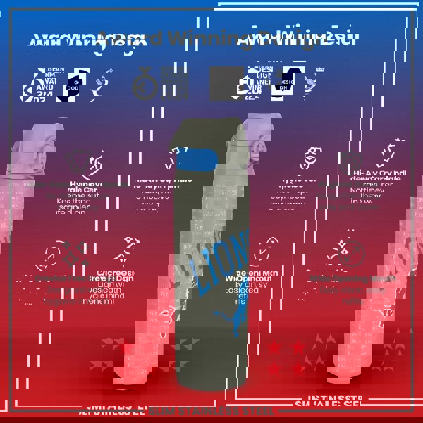 A gray stainless steel water bottle, featuring a blue lion graphic and "One Pride Lions" text, displays a wide mouth for easy cleaning and refilling, along with a hide-away carry handle and hygiene cover. The bottle is shown against a red and purple background; it is award-winning in design.