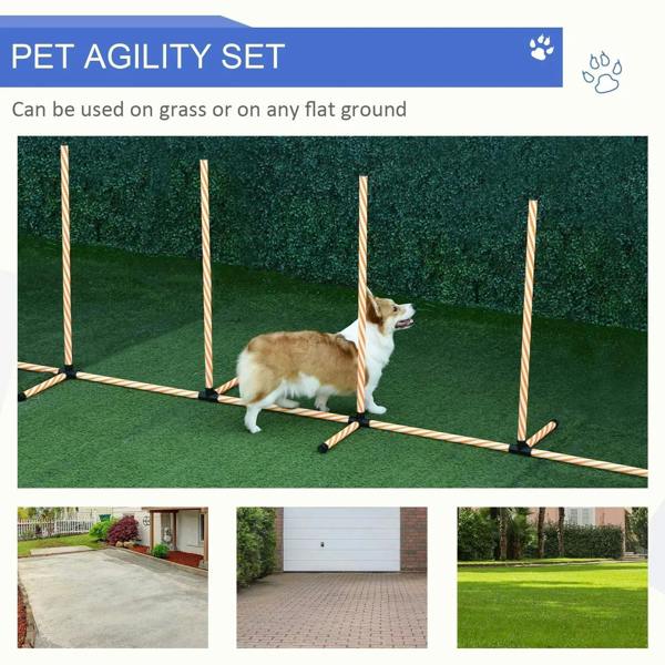 Dog agility weave poles obstacle set with small dog on grass, orange and white