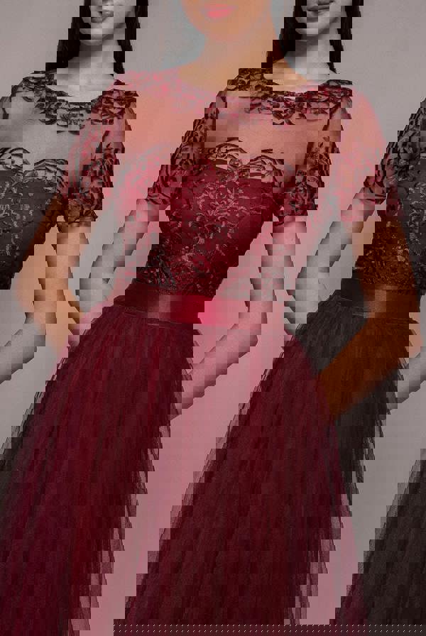 Embroidered Mesh Maxi Dress - Burgundy DR3584