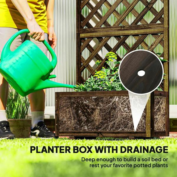Carbonized wood planter box with drainage-ready bed, being filled with soil and watered