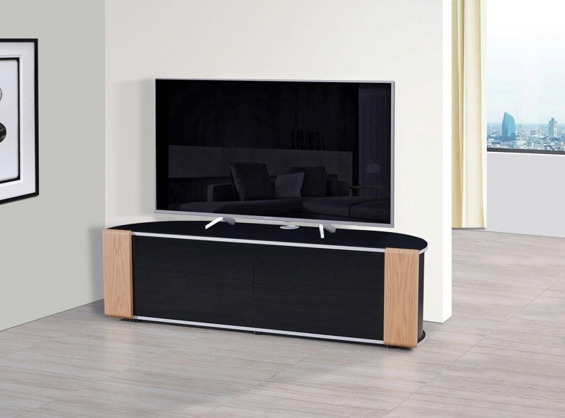 MDA Designs Sirius 1600 TV Cabinet Gloss Black Stand with BEAMTHRU Remote-Friendly Glass Door, Walnut/Oak Trims for TVs up to 70” TV