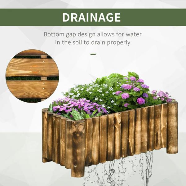 Wooden raised planter box with slatted sides filled with blooming flowers