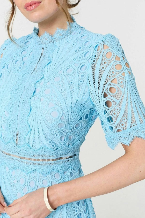 Blue | Floral Lace Cut Out Frilled Trim Midi Dress