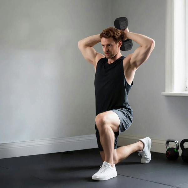 Man holding black hex rubber dumbbells while doing a split-lunge exercise