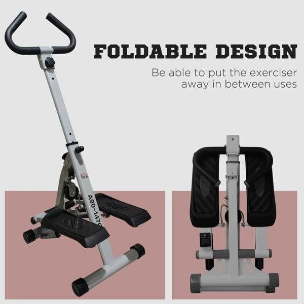 Grey foldable stepper with handle, base pedals, and storage cover