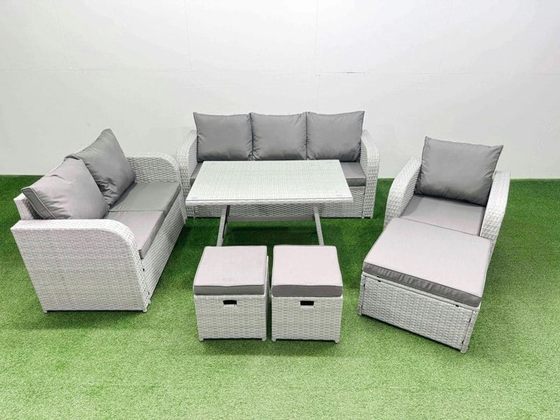 Fimous Rattan High Back Lounge Sofa Set Patio Dining Table & Chairs Set with 3 Seater Sofa Reclining Chair 3 Stool Light Grey