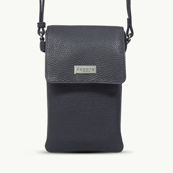 Assots London 'MARIA' Navy Pebble Grain Real Leather Crossbody Phone Bag
