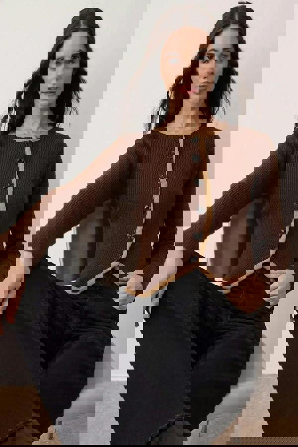 WOVCOR Crop Knit Cardigan with Ribbon Buttons Detail