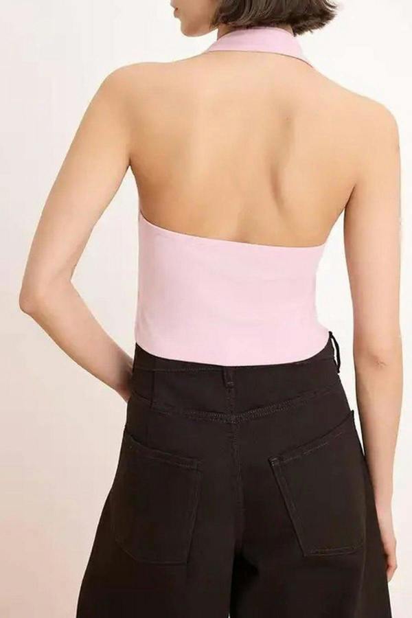 WOVCOR Halter Neck Belt Detail Fitted Knitted Blouse
