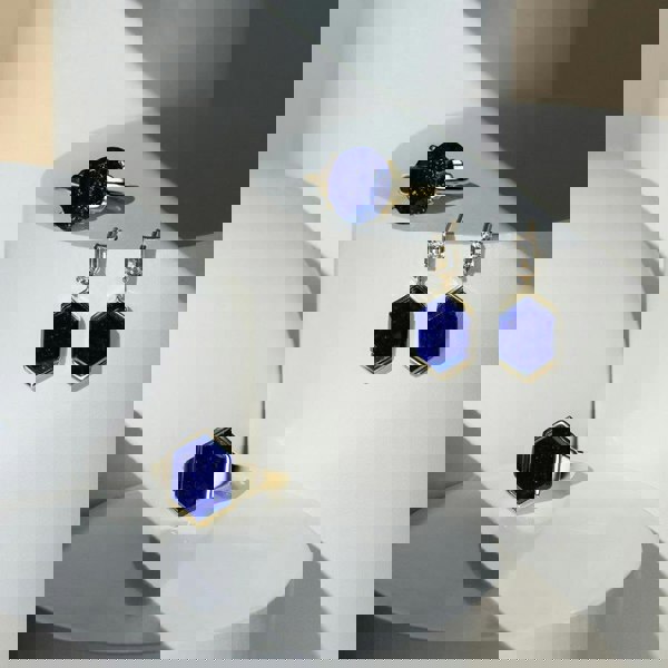 Gemondo Grand Deco Hexagon Lapis Lazuli & Topaz Drop Earrings in Gold Vermeil