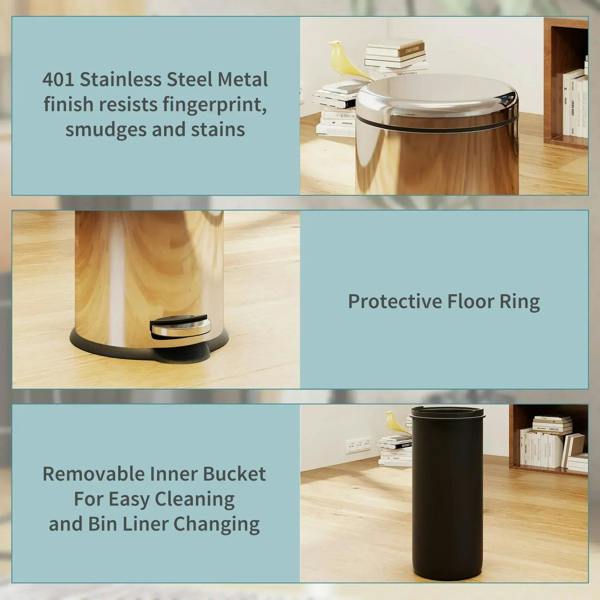 Silver stainless steel trash bin with protective floor ring and black base pedal