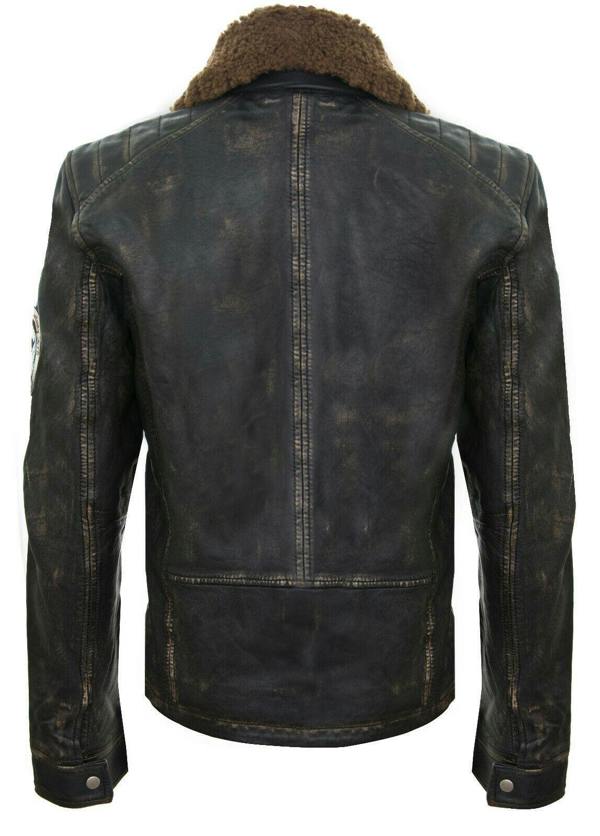Infinity Leather Mens Badged Vintage Black Leather Bomber Jacket-Tunis