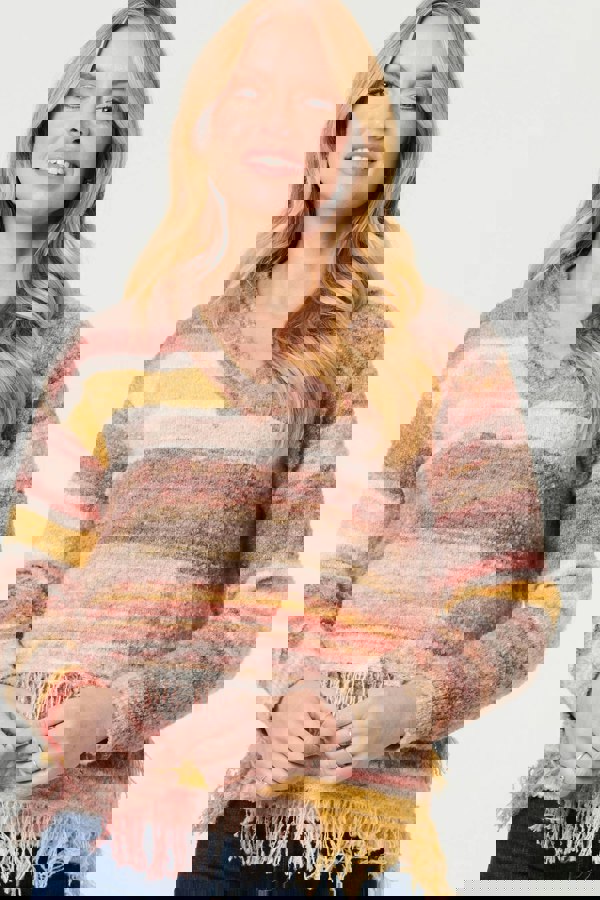 Pink | Striped Texture Tassel Hem Crop Jumper
