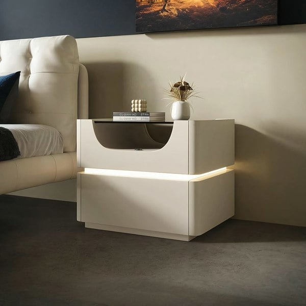 Candice Bedside Table with LED, Cream-Rit Concept-Rit Concept