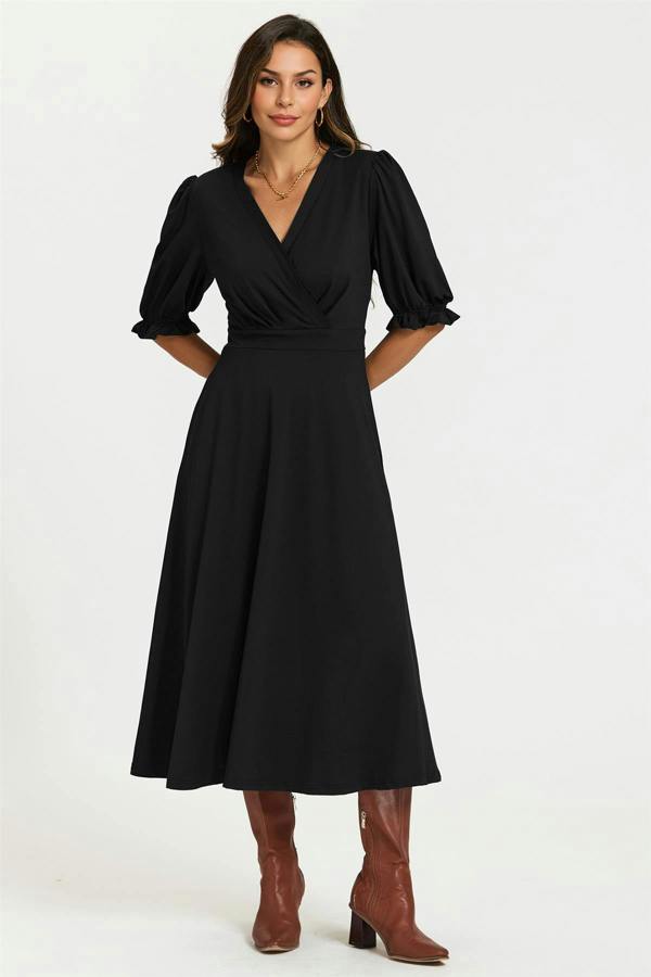 FS Collection Half Sleeves Jersey Midi Dress with Wrap Neckline In Black