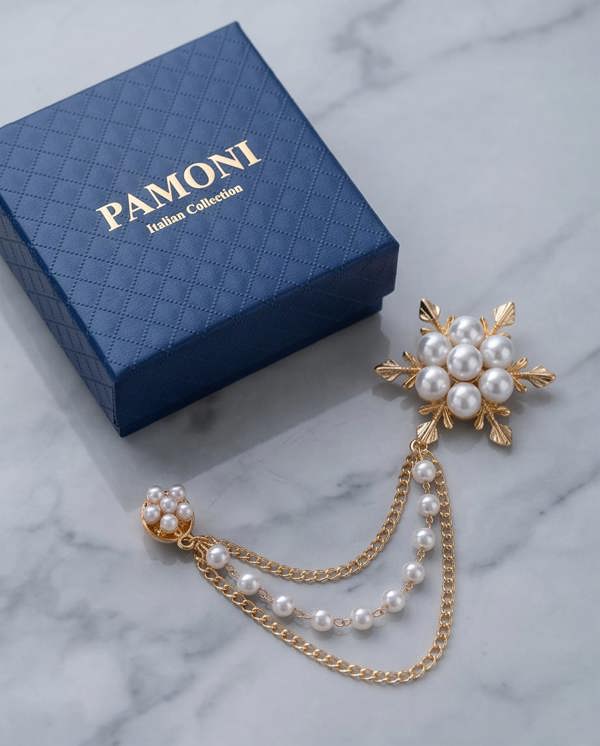 Pamoni Elegant Pearl and Gold Lapel Chain Brooch