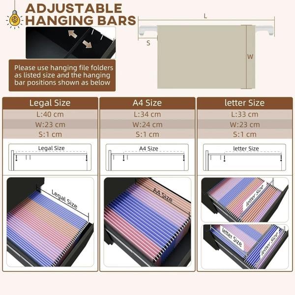 Adjustable hanging bars inside file cabinet for legal, A4, and letter folders