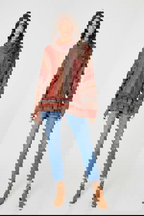 Orange | Striped Oversized Frill Roll Neck Jumper
