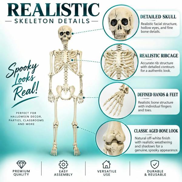 Halloween Life Size Poseable Skeleton Prop 165cm - Realistic Human Skeleton Decoration image 3