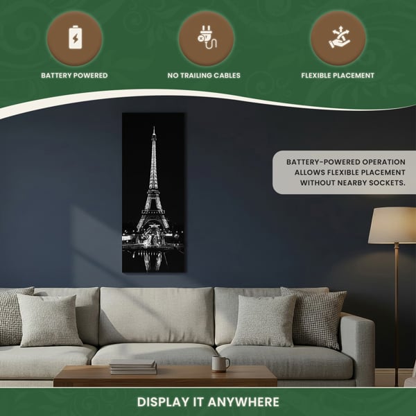Large Eiffel Tower at Night Canvas Picture Print in Black & White with 10 LED Lights, Battery Powered