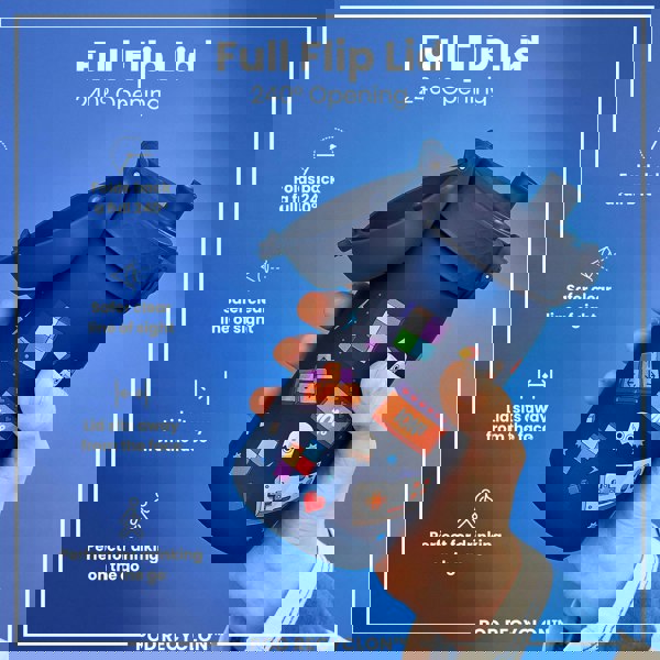 A dark-blue water bottle, with a full flip lid and 240° opening, is held in a hand against a blue background. The bottle features a playful video game design. POD RECYCLON™ is printed at the bottom.