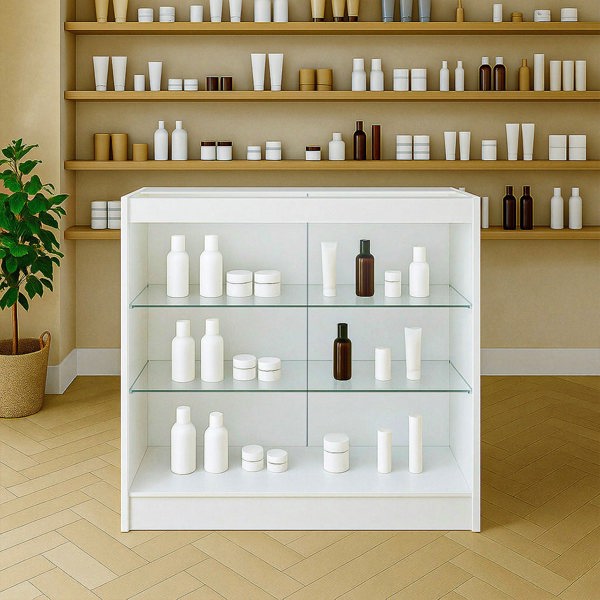 LED retail shop counter K900 in white, featuring glass shelves displaying various white and brown cosmetic containers against a neutral backdrop