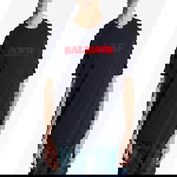 Balmain Flocked Logo Retro T-Shirt   in  Navy